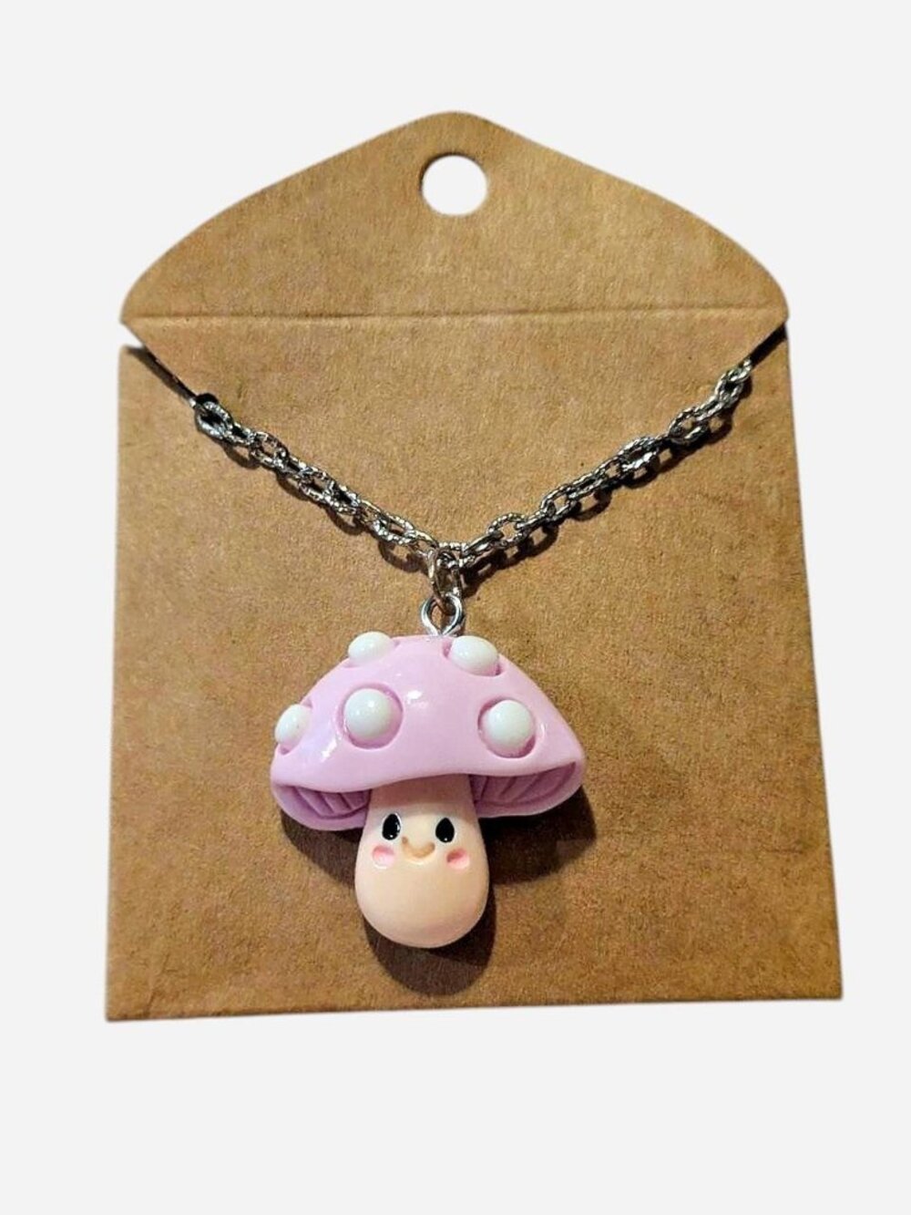 purple mushroom pendant necklace with white spots brand new, never worn handmade